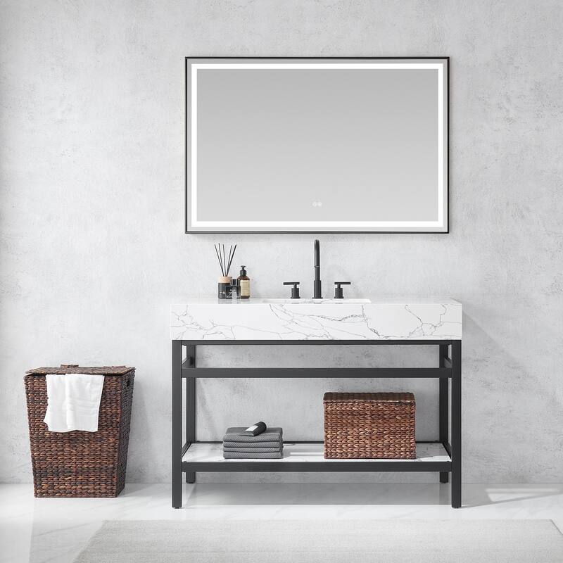 Ecija Bath Vanity, Metal Support with Composite Stone Top and Mirror