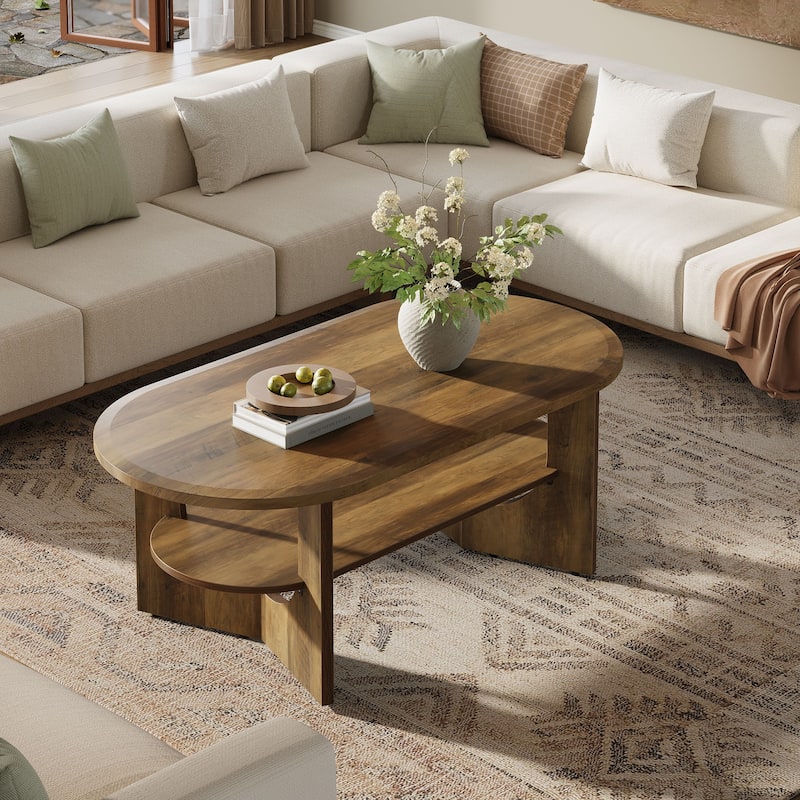47.24" Oval Coffee Table with 2 Tiers of Shelves, Farmhouse Wooden Center Table