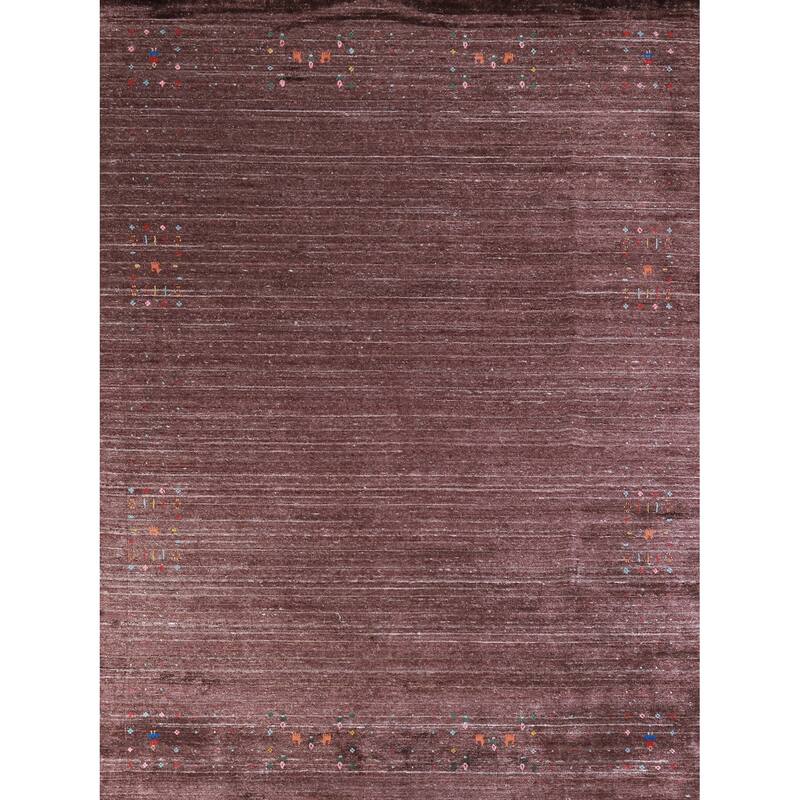 Hand Knotted Oriental Viscose Silk Carpet Tribal Stripe Brown Gabbeh Area Rug - 9' 10'' X 8' 2''