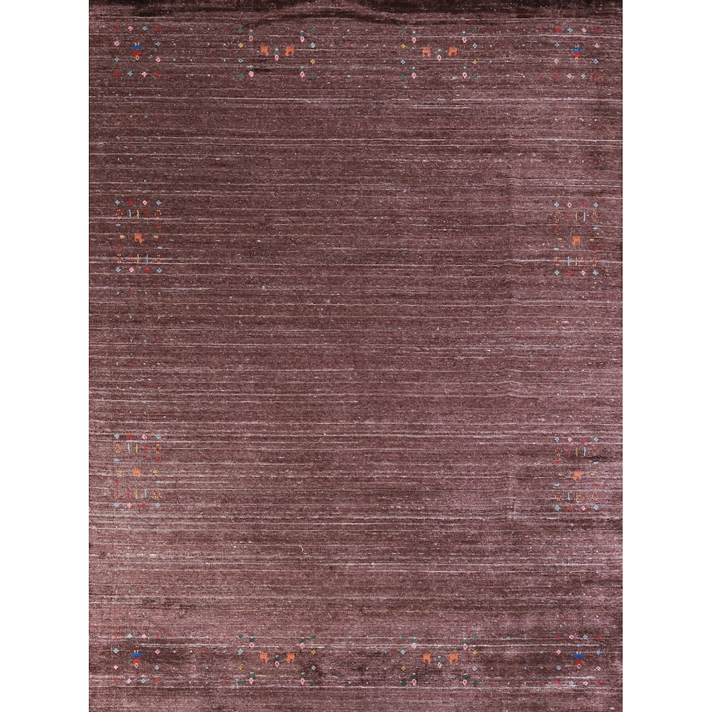 Hand Knotted Oriental Viscose Silk Carpet Tribal Stripe Brown Gabbeh Area Rug - 9' 10'' X 8' 2''