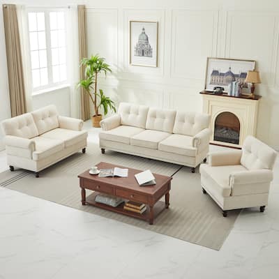 Set of 3 Chenille Sofa Set for Living Room, Button-Tufted & Nailhead Upholstery, Solid Rubberwood Legs