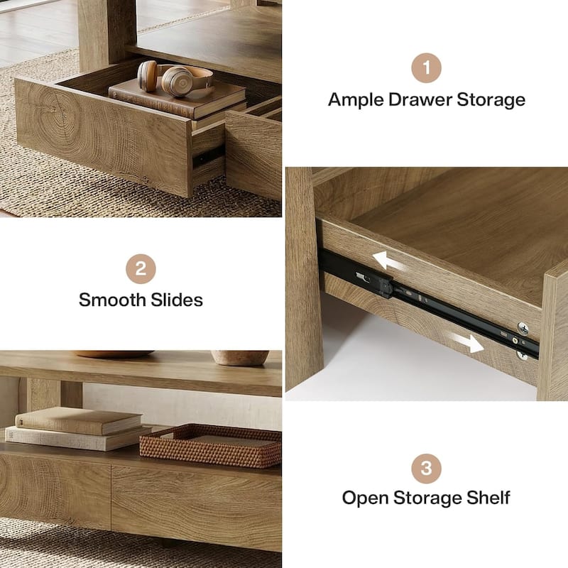47" Large Farmhouse Coffee Table with Storage, Rectangle Coffee Table with 2 Drawers & Open Shelf