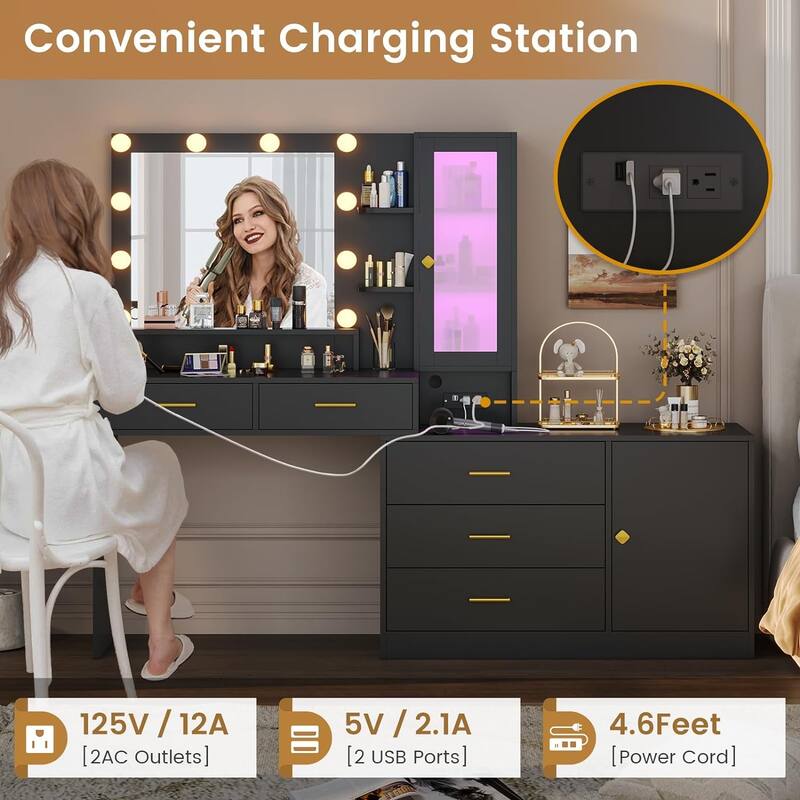 Makeup Vanity Desk Light Bulbs & RGB Cabinets Drawers Storage Shelves