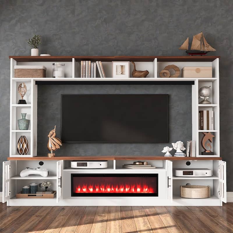 95.5" Wall Unit Entertainment Center with Electric Fireplace, Bookshelves, TV Stand for TVs up to 80" - White Walnut