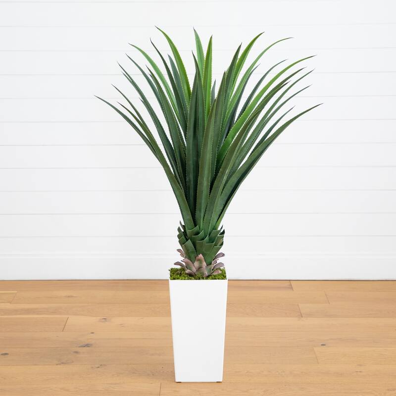 4-ft UV Resistant Spiked Agave Plant in White Tower Planter