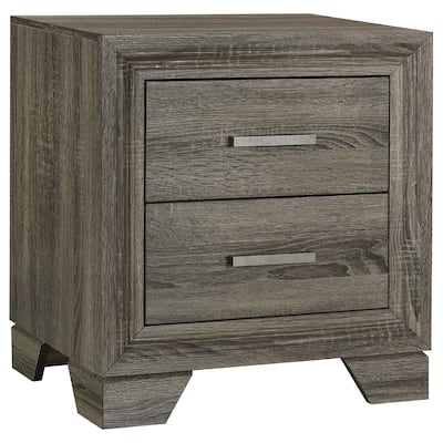 Reay Nightstand, Brown Oak Finish, 2 Drawers Silver Metal Bar Handles