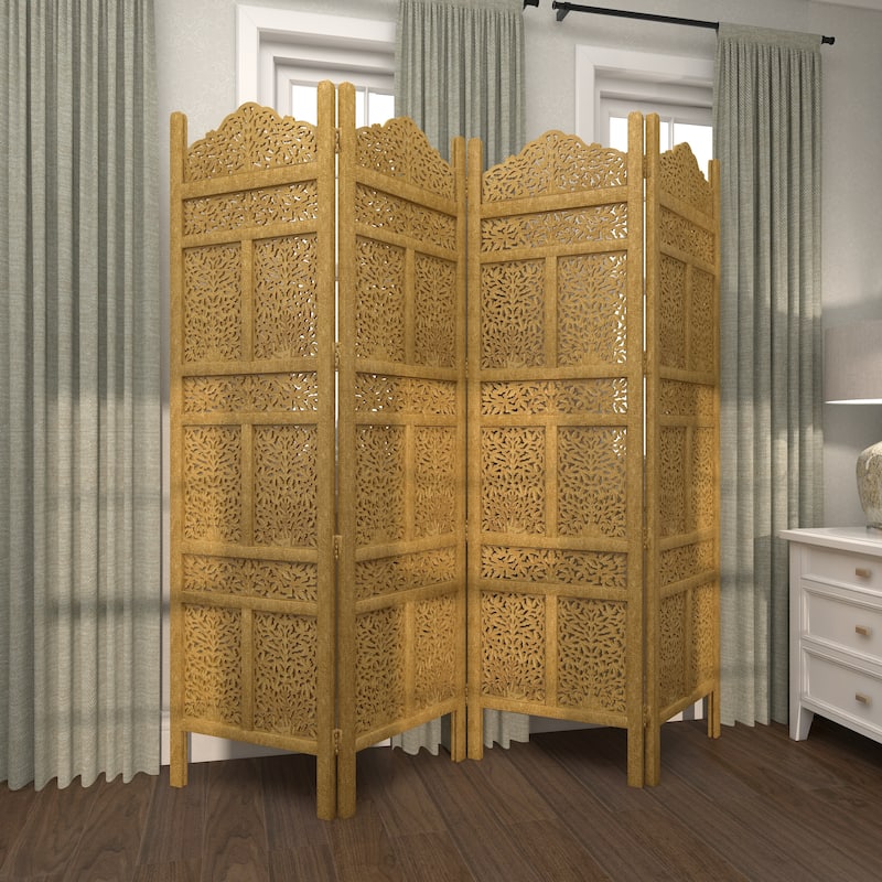 Gold Wooden Handmade Foldable Partition 4 Panel Floral Partition Room Divider Screen with Carved Designs