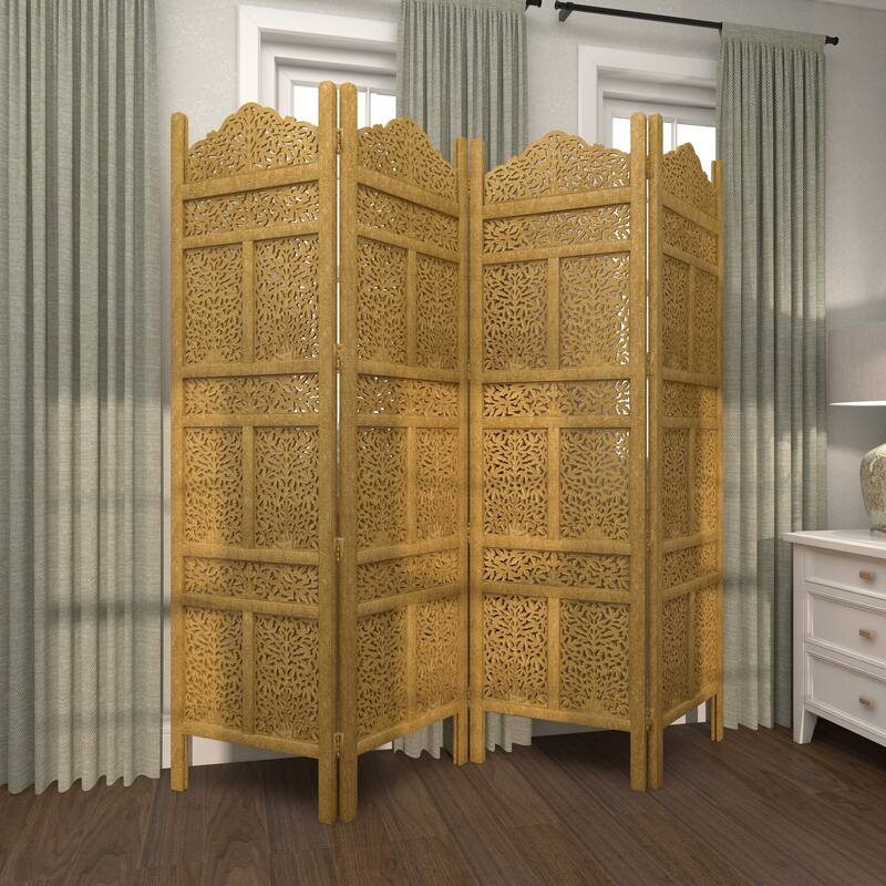 Wooden Floral Handmade Foldable 4 Panel Room Divider Screen with Foiled Intricately Carved Designs - Gold - Roche River Decor
