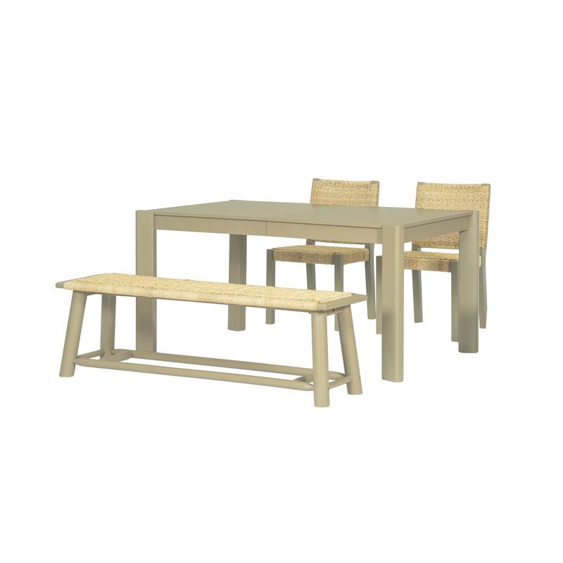 Farmhouse 4-Piece Dining Table Set for 3-4, Extendable Wood Table with 2 Rattan Chairs & 1 Bench for Dining Room, Kitchen