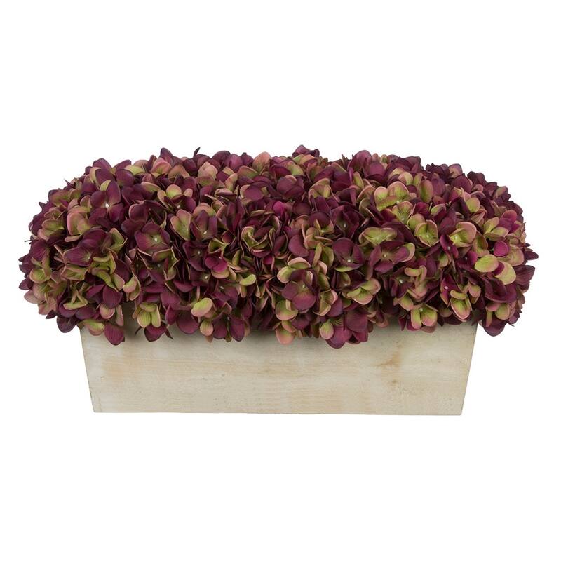 Faux Hydrangeas in White Wood Washed Ledge Planter - Plum