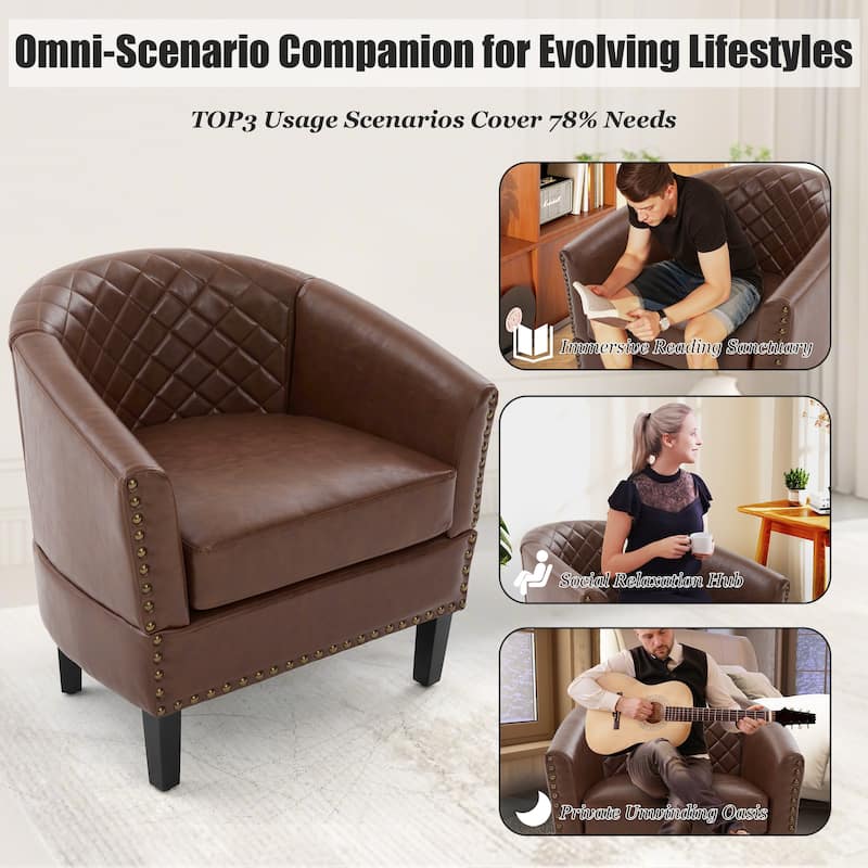 HOMEFUN Leather Upholstered Nailhead Wooden Frame Barrel Club Chair with Solid Woood Legs