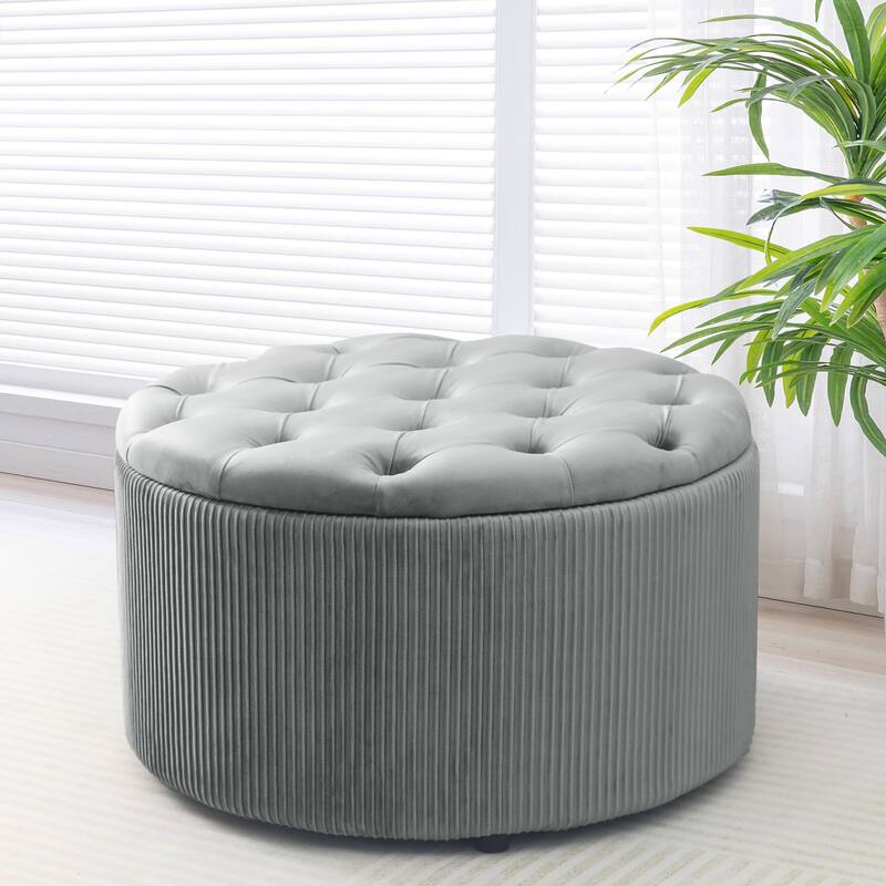 Adeco Round Storage Ottoman Button Tufted Footrest Stool Bench