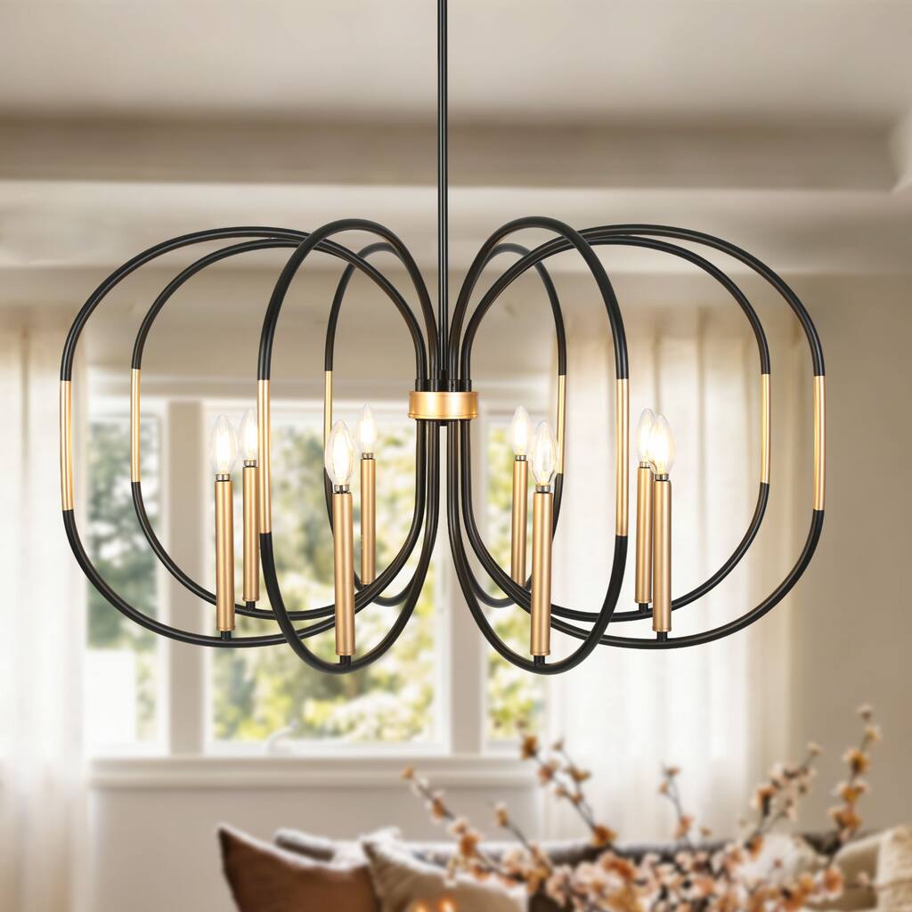 Modern Unique 8-Light Chandelier Black Gold Drum-Shape Pendant for Dining Room - 37.8 " × 20 "