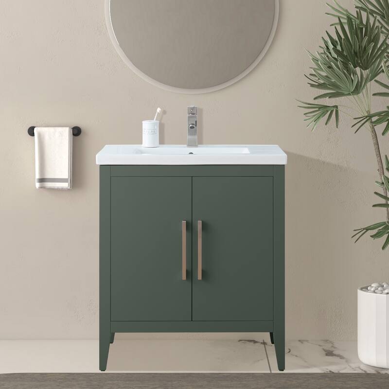 Vanity Art 20" or 24" or 30" Single Sink Bathroom Vanity Cabinet with Ceramic Top - 30"/Brushed Nickel - Vintage Green