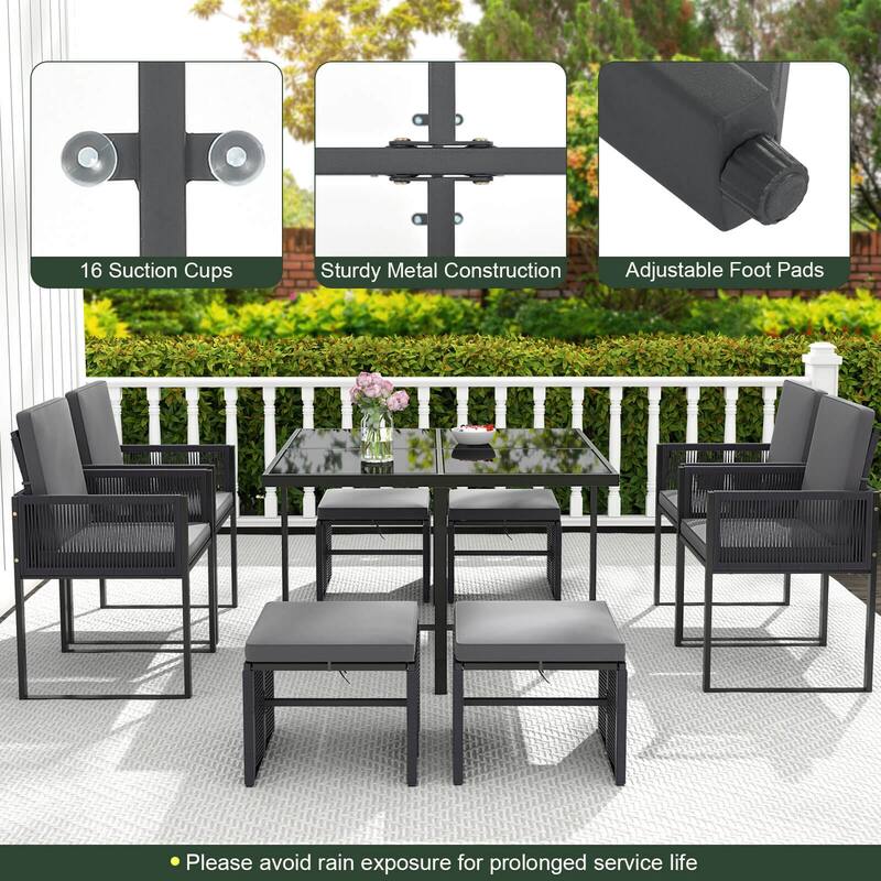 Costway 9 PCS Patio Dining Set with PE Rattan Chairs Tempered Glass - See Details