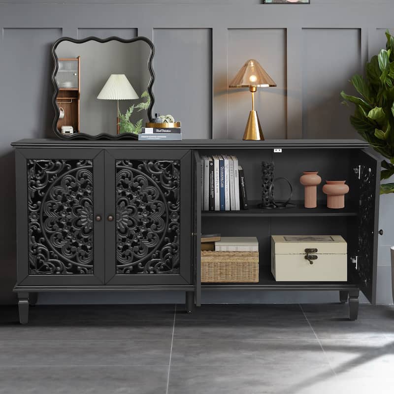 60" Antique Buffet Cabinet with Floral Carvings with Solid Wood Legs&Adjustable Shelves, TV Stand for 65''+ TV