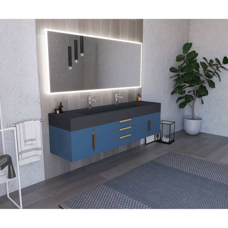 Nile 72" Wall Mounted Bathroom Vanity Set w/ Black Top