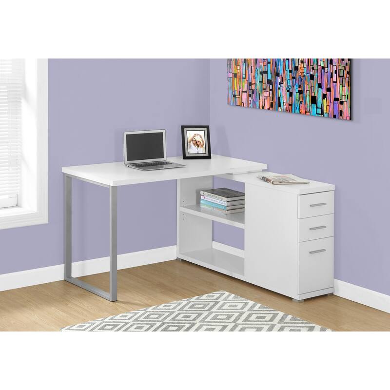 Computer Desk, Home Office, Corner, Left, Right Set-up, Storage Drawers, L Shape, Work, Laptop, White Laminate, Grey Metal