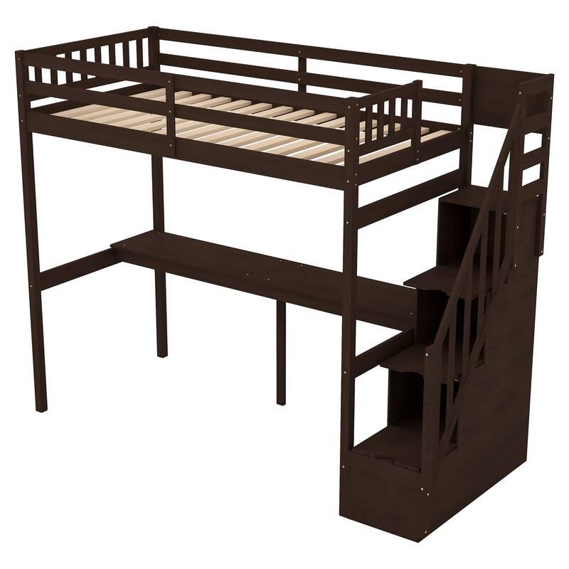 Solid Wood Twin Loft Bed with Builtin Desk, Storage Staircase and