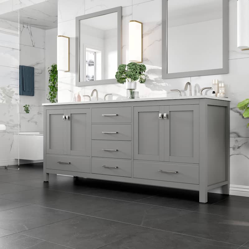 Eviva Aberdeen 78"W x 22"D Gray Double Sink Vanity with White Carrara Quartz Vanity Top and Rectangular Undermount Sinks