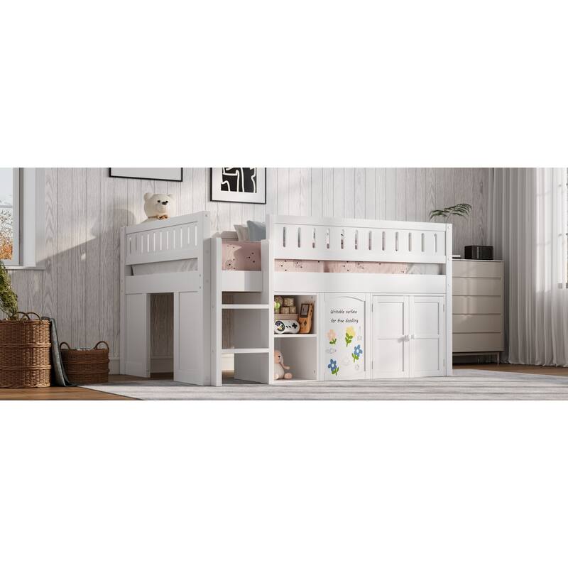 Roomfitters Full Size Loft Bed with Storage Cabinet, Open Shelves and Chalkboard Panel