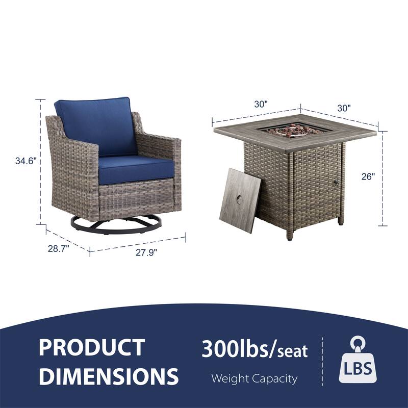 Glissia 5-Piece Gray Wicker Swivel Glider Fire Pit Set with Square Wicker Fire Table