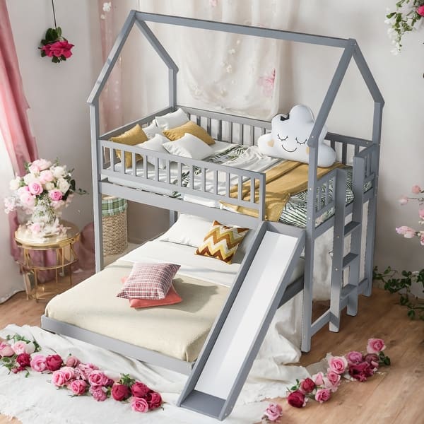 slide 2 of 9, Twin Over Full Bunk Bed With Slide,Built-in Ladder,Guardrail for Home Grey