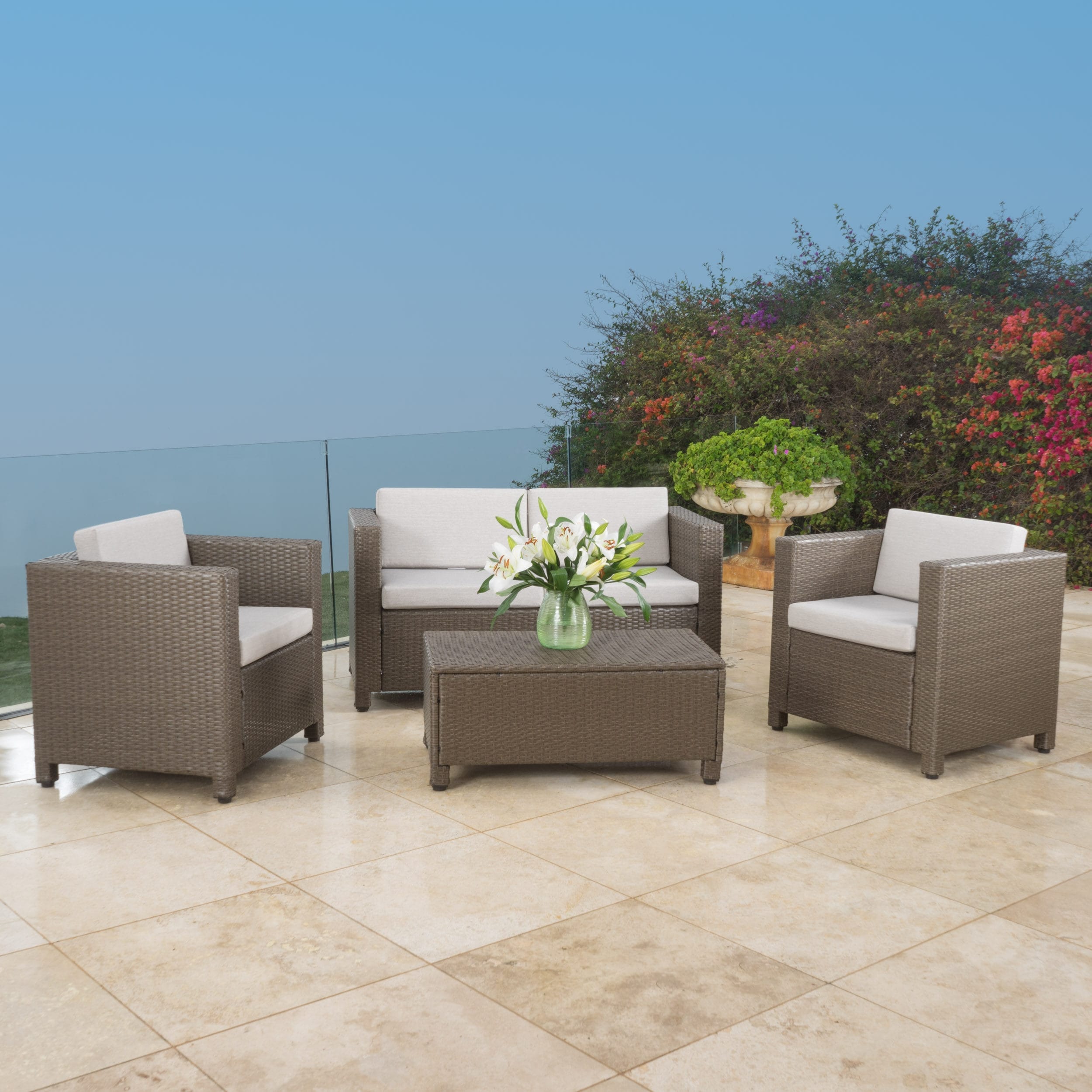 Roomfitters 4-Piece Outdoor Wicker Patio Furniture Set, Rattan Seating with Weather, Beige Brown