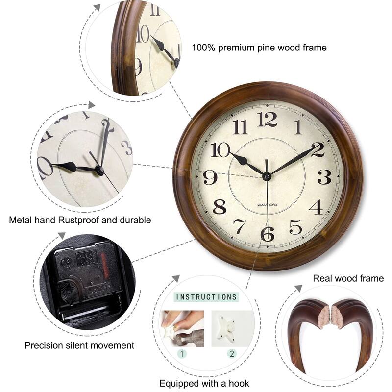 Wall Clock Wood 14 Inch Silent Wall Clock Large Decorative Battery Operated Non Ticking Analog Retro Clock