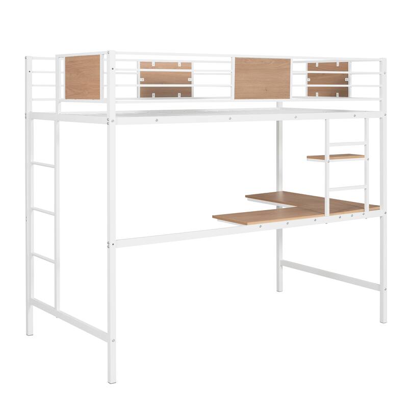 White Twin Metal Loft Bed with Integrated Desk and Shelves