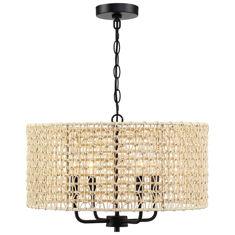 20 in. 4-Light Rattan Drum Chandelier Light with Black Canopy - 4-Light 20" W