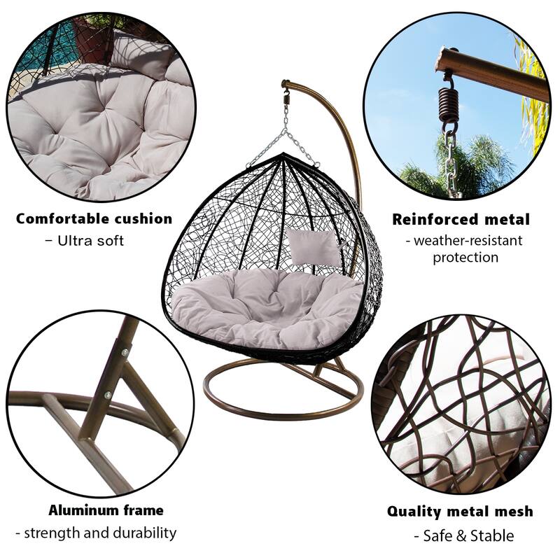 Modern Outdoor 2 Person Wicker Double Hanging Egg Swing Chair