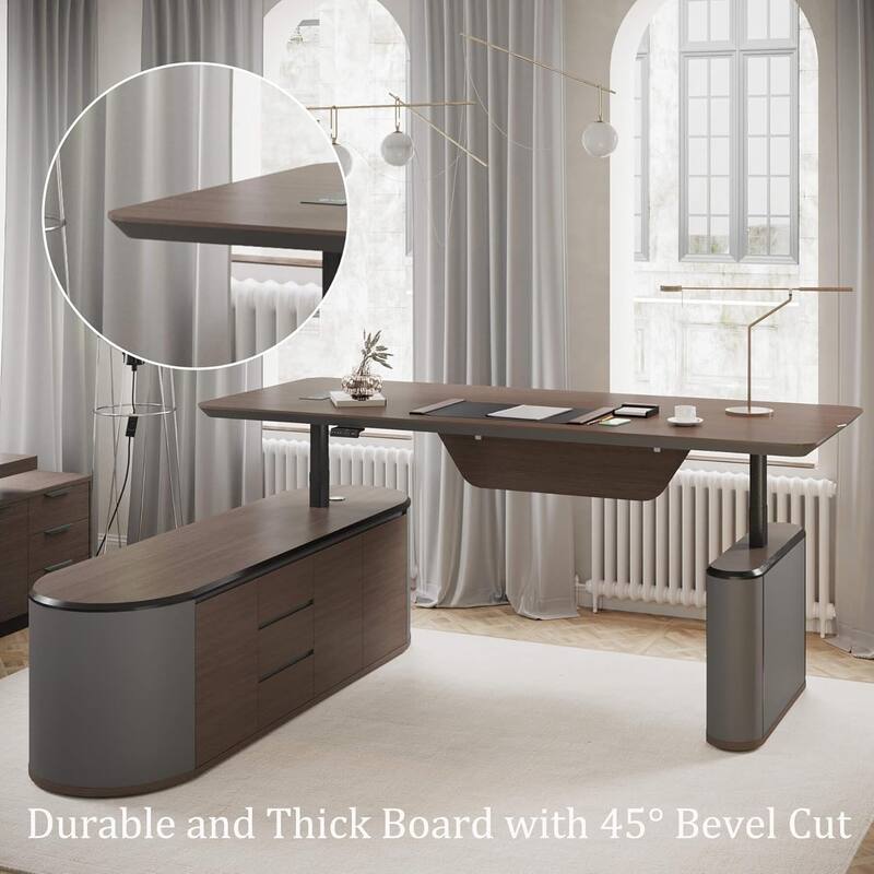 Reversible L-Shaped Adjustable Height Executive Standing Desk with Oval Storage Cabinet