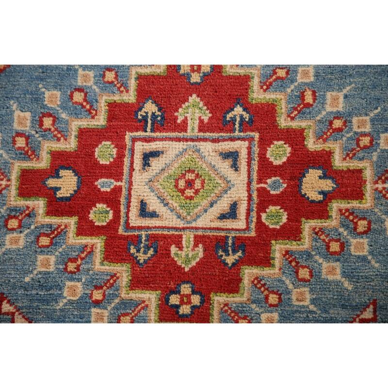 Light Blue Geometric Kazak Oriental Area Rug Handmade Wool Carpet - 4'0"x 5'11"