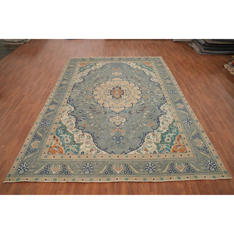 Hand Knotted Oriental 100% Wool Carpet Traditional Floral Greys & Charcoal Tabriz Area Rug - 12' 1'' X 9' 0''