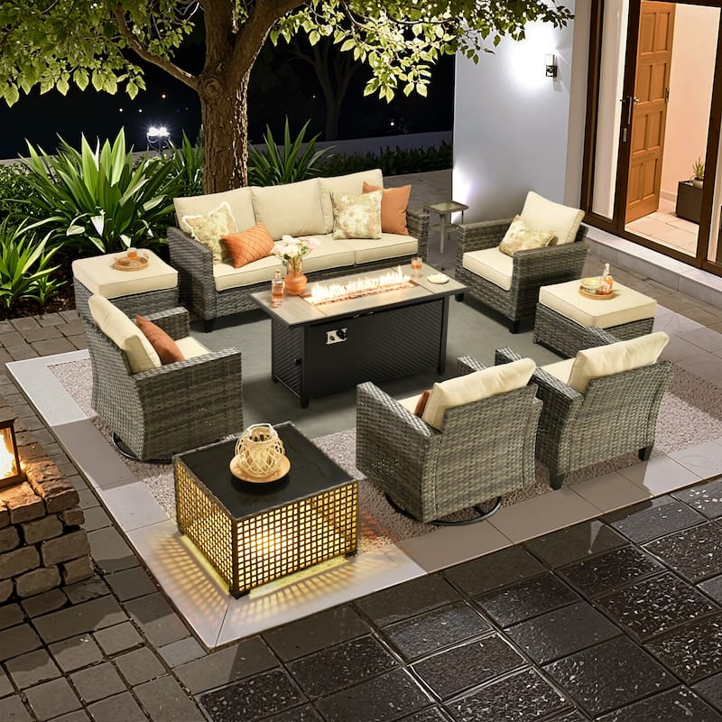 OVIOS 10 Pieces Outdoor Swivel Chair Set with Solar-Powered Table & 54" Fire Table