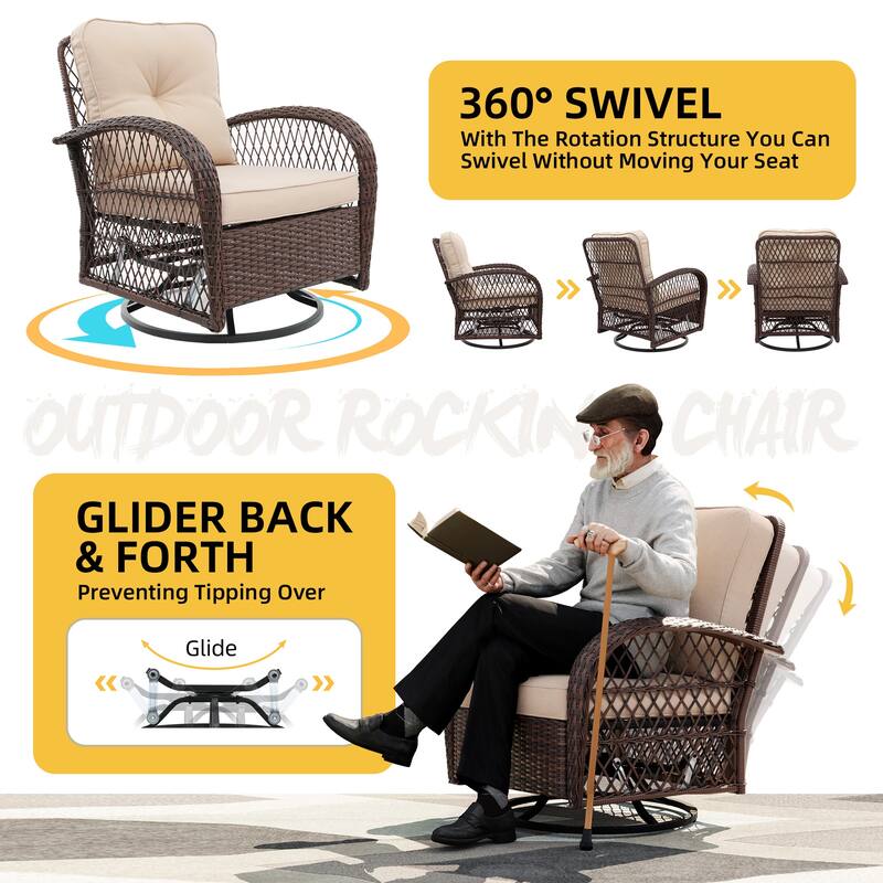 UPHA Wicker Outdoor Rocking & Swivel Chair 2-Piece Set with Cushions