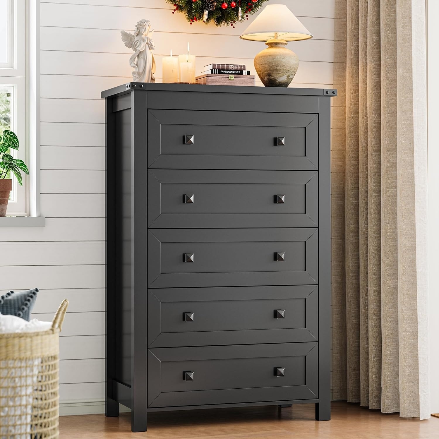 Modern Farmhouse Tall Dresser with 5 Drawers, Wood Storage Cabinet for Bedroom, Living Room, Entryway, Black