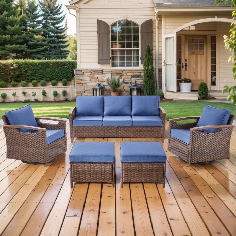 Pocassy Outdoor Brown Wicker Funitre with Cushion Set - Blue Cushion - 3-Seat Sofa with Swivel Chair Ottoman Set
