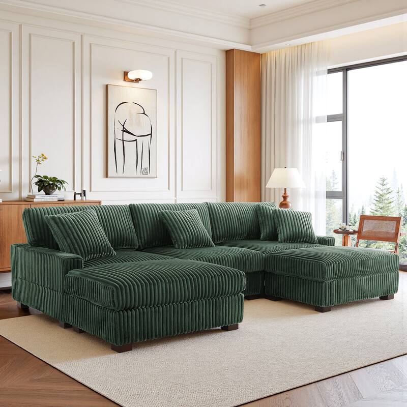 Modular Sectional Sofa Set with Adjustable Headrests and Ottomans - Green/5 Piece