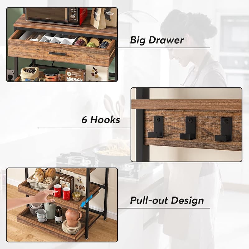 5-Tier Kitchen Bakers Rack with Power Outlets USB Ports, Metal Frame & Particleboard Shelves, Pull-Out Drawer