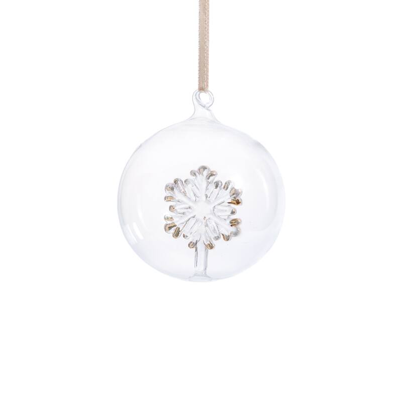 Clear Glass Ball Ornaments with Holiday Snowflake Motif, Set of 6, 4"