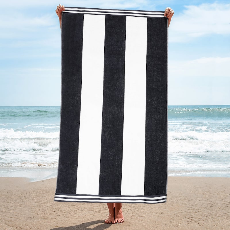 Cabana Stripe Oversized Cotton Beach Towel by Superior - Charcoal