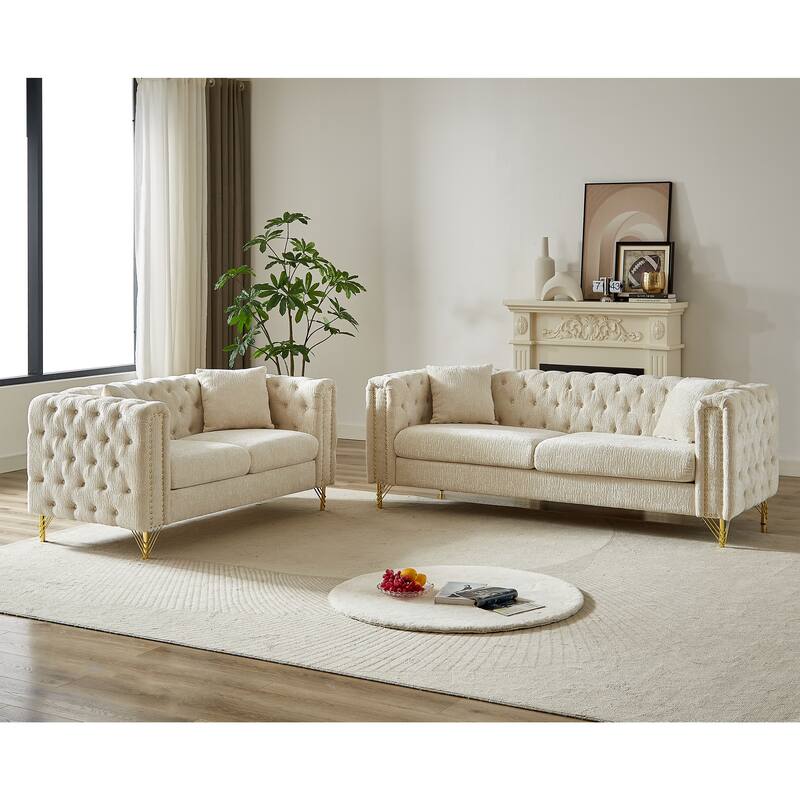 Classic Chesterfield 5-Seat Sofa with Nailhead Trim & Button Tufting, Chenille Upholstery