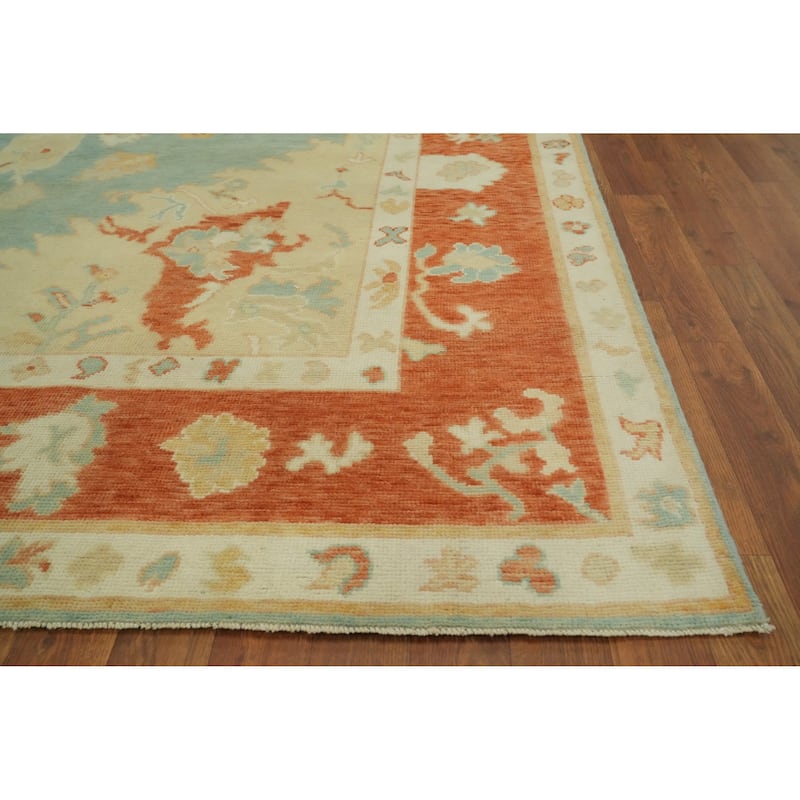 Vegetable Dye Wool Oushak Turkish Area Rug, Floral Geometric Carpet - 11' 11'' X 9' 0''