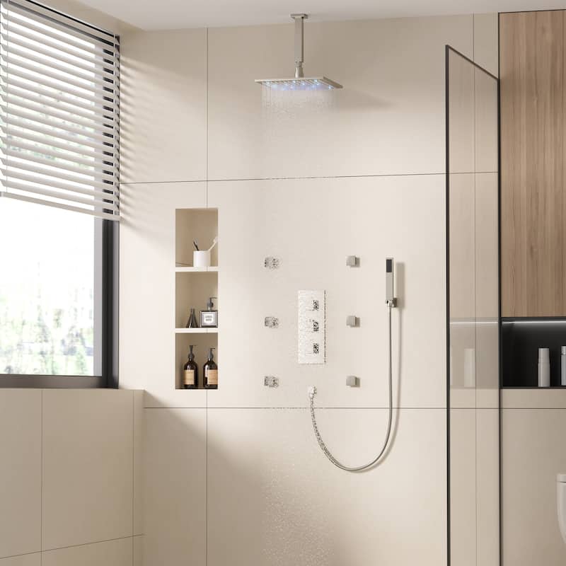 Celling 12 inch LED 3 Function Thermostatic Shower System with 6 Body Jets