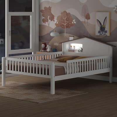 White Full Size Wood Platform Bed with House-shaped Headboard, LED, and Storage