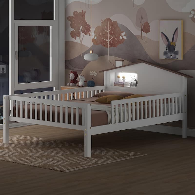 Wood Platform Bed With House-Shaped Headboard, Led And Built-In Storage - White-2 - Full