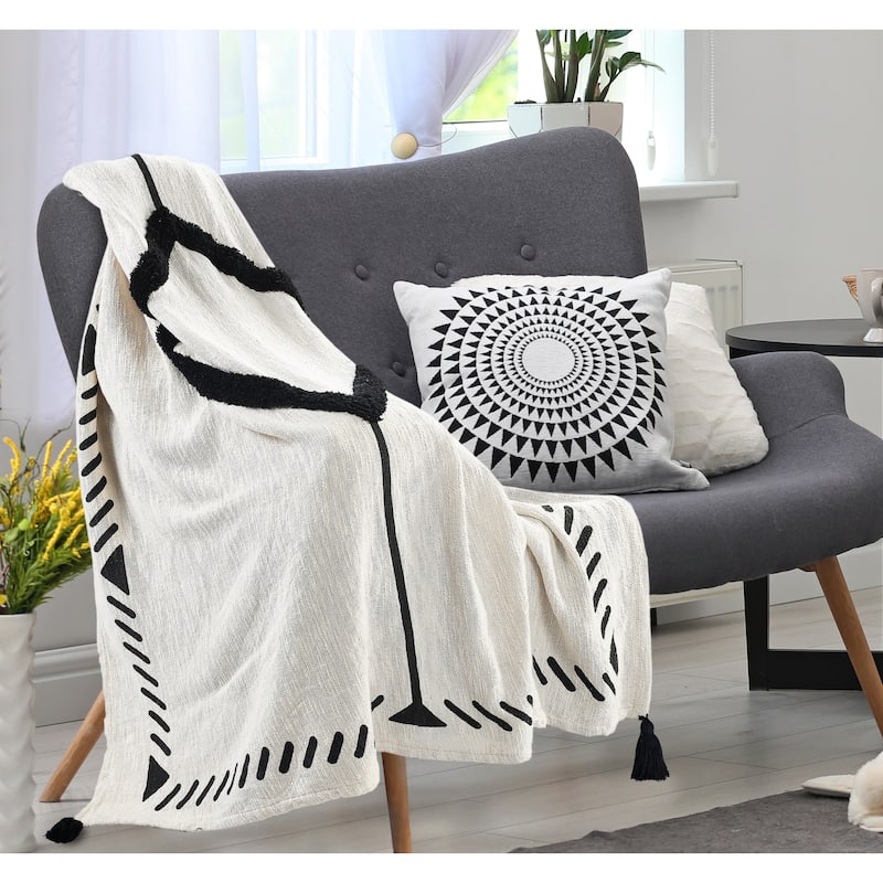 Sevita Modern Boho Tufted Diamond Bordered Cotton Standard Size Throw Blanket
