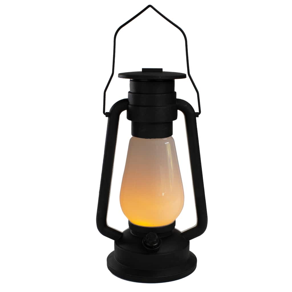 12" Black Battery Operated Faux Flame LED Hurricane Lantern - White